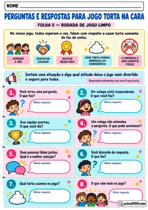 Situações de convivência sobre respeito, turnos de fala e uso de torta simbólica no jogo.