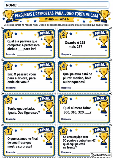 Perguntas mistas de leitura, números, geometria, pontuação e lógica para a rodada final.
