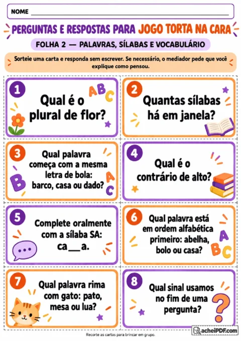 Perguntas de palavras, sílabas, rimas, ordem alfabética e pontuação para respostas orais.