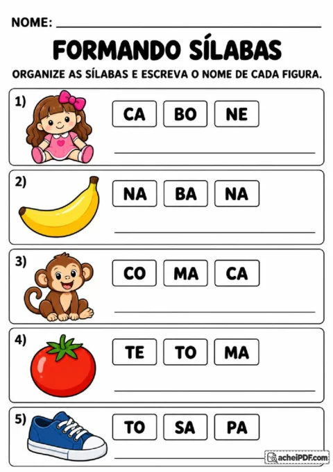 Cartões com três sílabas embaralhadas para reorganizar nomes de figuras como boneca, banana e sapato.