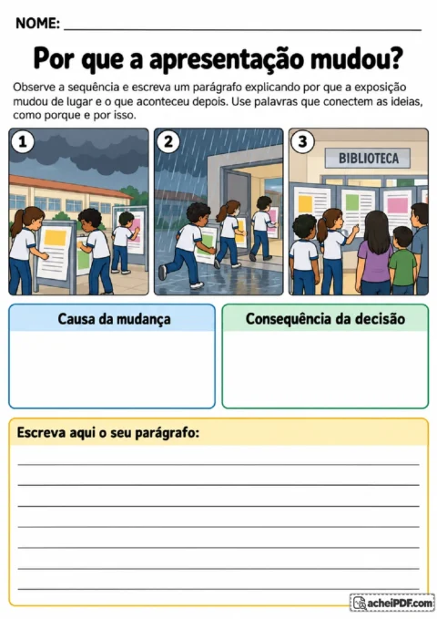 Três cenas mostram chuva e transferência de uma exposição para explicar causas e consequências.