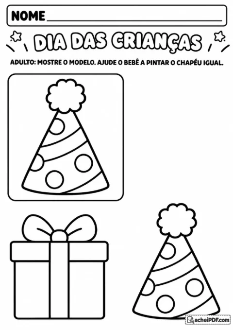 Chapéu de festa igual ao modelo para pintar, com presente como alternativa visual na atividade.