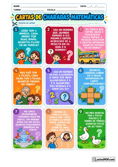 Charadas de Matemática para Sala de Aula: Recortar as nove cartas pelas bordas pontilhadas, ler ou ouvir cada charada matemática e, para o 4º ano.