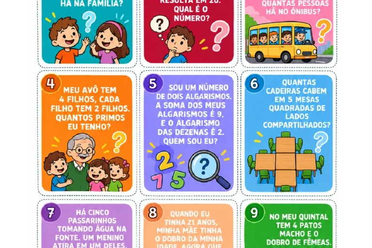 Charadas de Matemática para Sala de Aula: Recortar as nove cartas pelas bordas pontilhadas, ler ou ouvir cada charada matemática e, para o 4º ano.