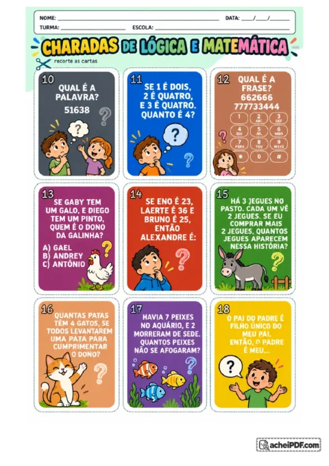 Charadas de Matemática para Sala de Aula: Recortar as nove cartas pelas bordas pontilhadas, ler cada charada, interpretar as pistas, para o 4º ano.