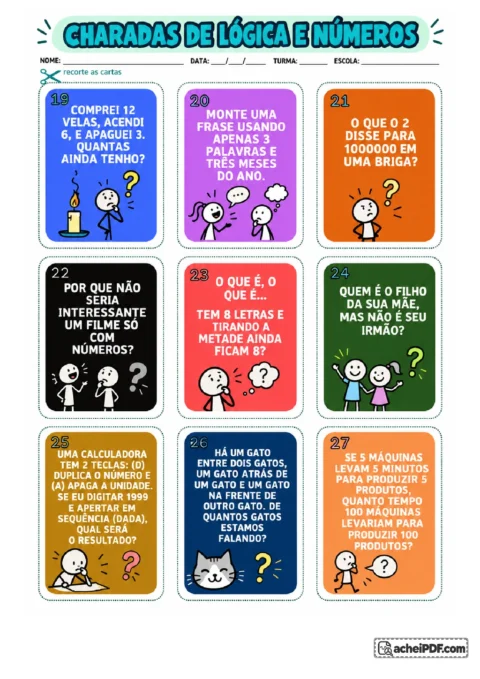 Charadas de Matemática para Sala de Aula: Recortar nove cartas de charadas identificadas pelos números 19 a 27, ler cada desafio e, para o 4º ano.