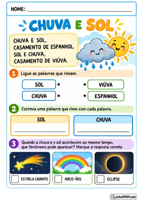 Parlenda Chuva e Sol com colunas para ligar rimas, linhas para criar palavras e questão sobre um fenômeno da natureza.