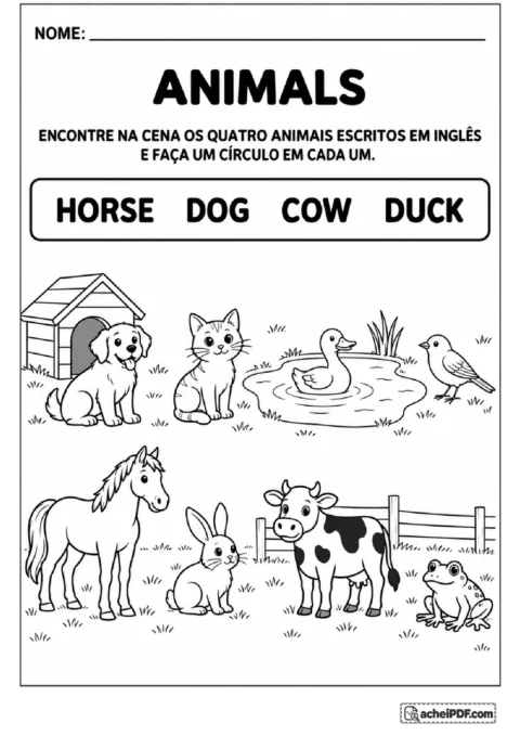 Cena com lago e campo para circular cavalo, cachorro, vaca e pato pelos nomes em inglês