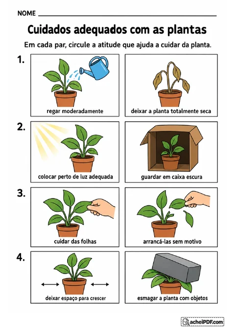 Atividade com pares de cenas para circular atitudes adequadas de cuidado com as plantas