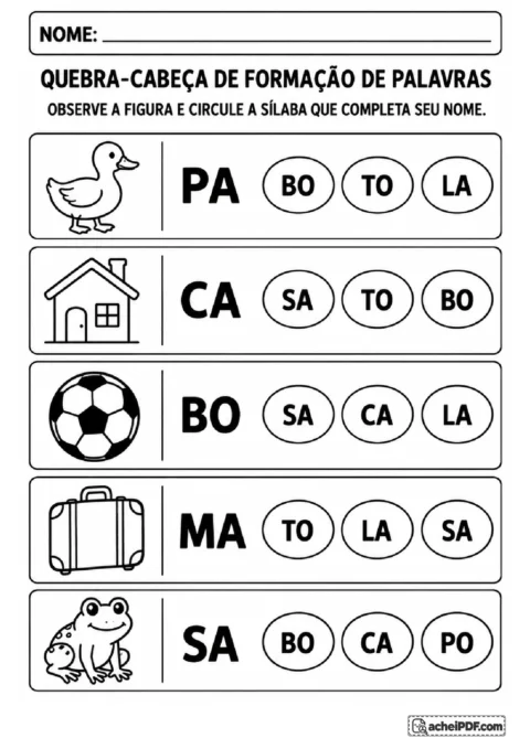 Figuras de pato, casa, bola, mala e sapo com opções de sílabas para circular a continuação correta.