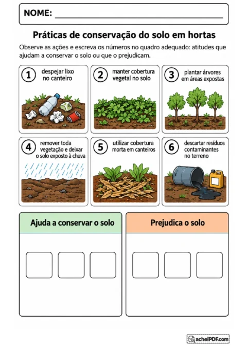 Cartões com ações humanas para classificar atitudes de conservação e degradação do solo