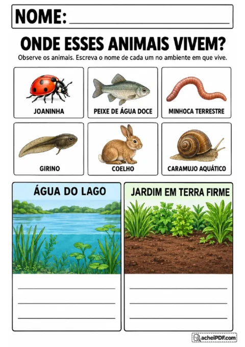 Exercício para classificar joaninha, peixe, minhoca, girino, coelho e caramujo nos ambientes adequados