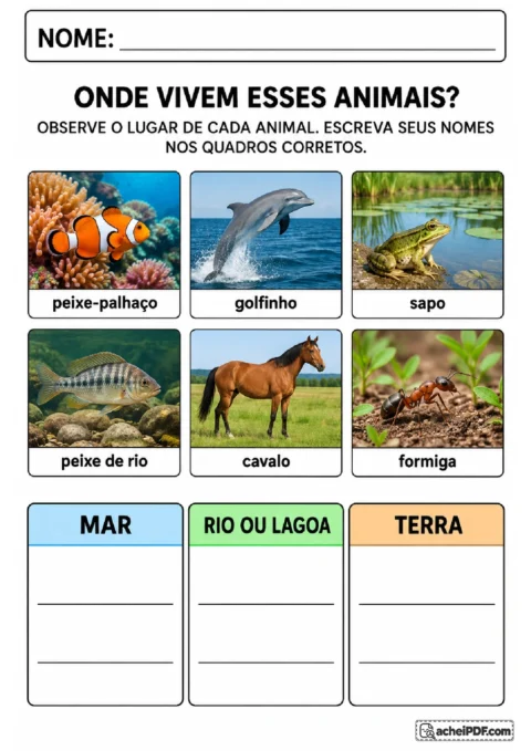 Quadros de mar, rio ou lagoa e terra para classificar seis animais pelos ambientes representados