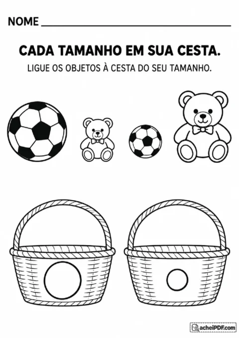 Bolas e ursinhos grandes e pequenos para ligar às cestas identificadas por modelos de tamanho