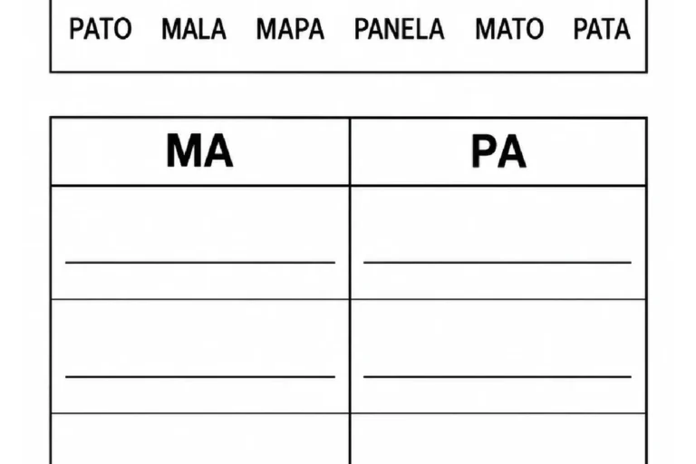 Quadro de classificação das sílabas iniciais MA e PA com banco de palavras para organizar e escrever.