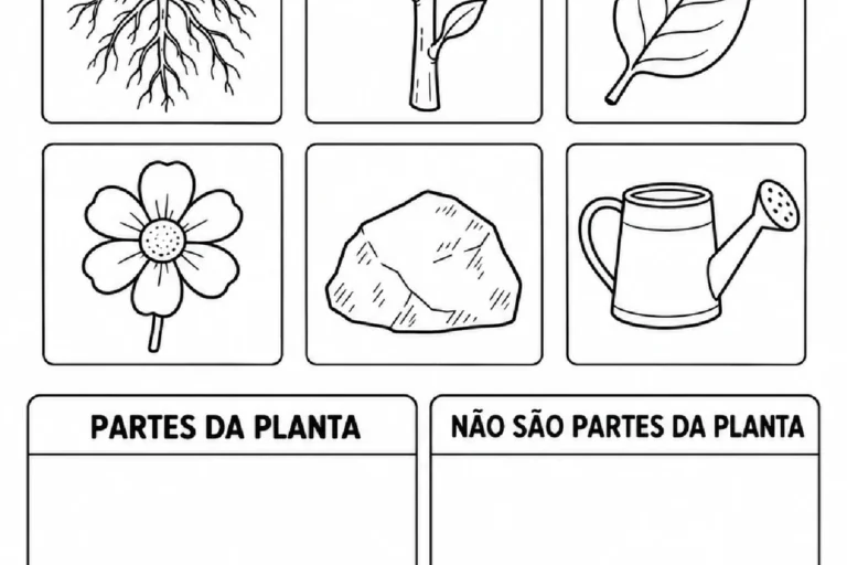 Atividade para separar raiz, caule, folha e flor de objetos que não são partes de uma planta