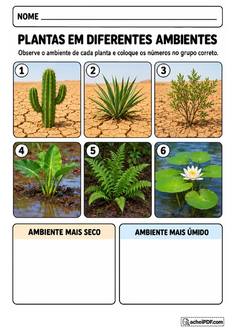 Cartões ilustrados de plantas em ambientes secos e úmidos para classificar em dois grupos