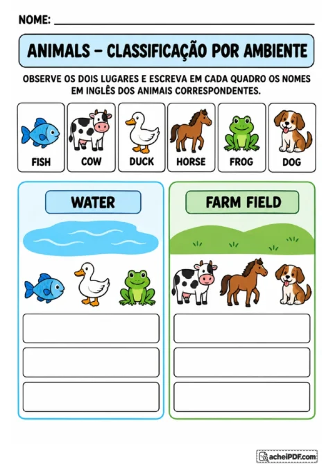 Quadros de água e campo para escrever nomes de seis animais em inglês conforme as figuras