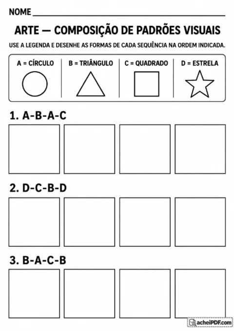 Atividade de Arte com legenda de letras para desenhar sequências de círculos, triângulos e outras formas