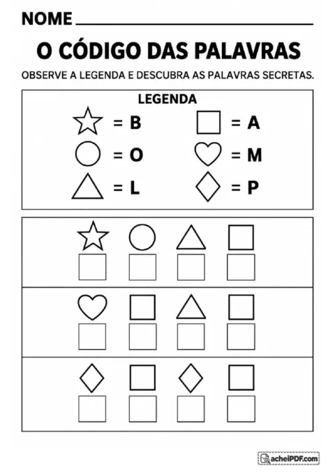 Legenda de símbolos que representam letras e três sequências secretas para decifrar e escrever palavras.