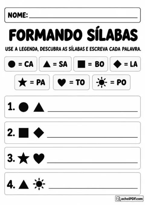 Legenda com símbolos que representam sílabas para decodificar e escrever palavras simples.