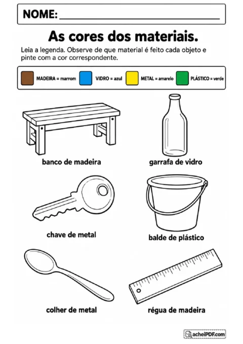 Banco, garrafa, chave, balde, colher e régua para colorir conforme o material indicado na legenda