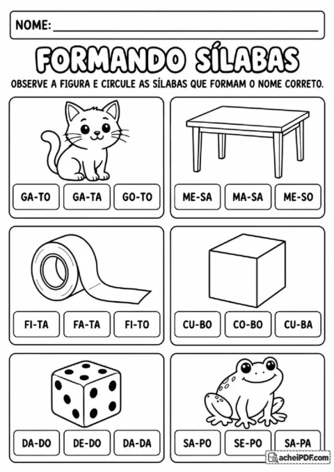 Figuras acompanhadas por três combinações silábicas para comparar e circular a opção correta.