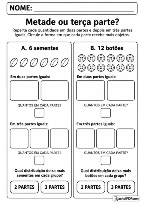 Comparação entre metade e terça parte com seis sementes e doze botões distribuídos em grupos