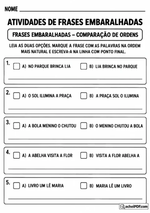 Exercício de comparar duas ordens de palavras e escolher a frase com sequência mais natural