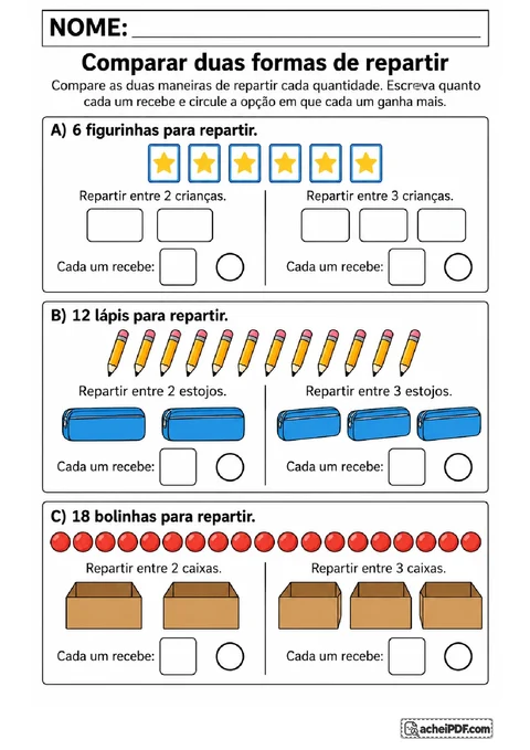 Comparação de figurinhas, lápis e bolinhas divididos entre dois ou três destinatários