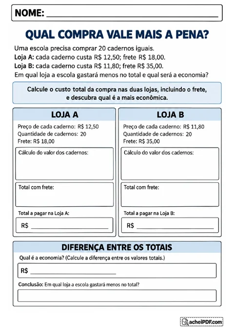Comparação de duas lojas com preços de cadernos e frete para calcular a compra mais econômica