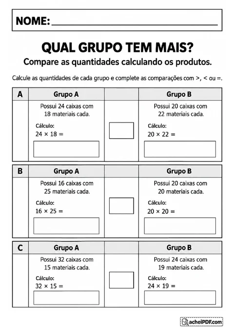 Comparação de quantidades de materiais em caixas usando multiplicação e símbolos matemáticos