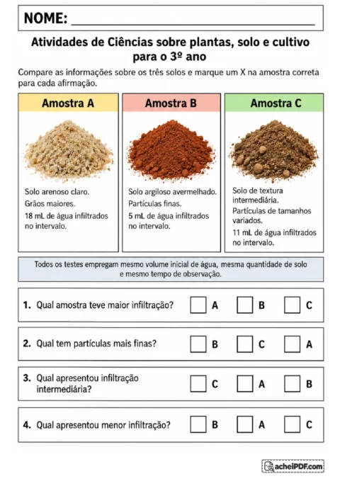 Comparação de três amostras de solo com dados de textura e infiltração para marcar alternativas