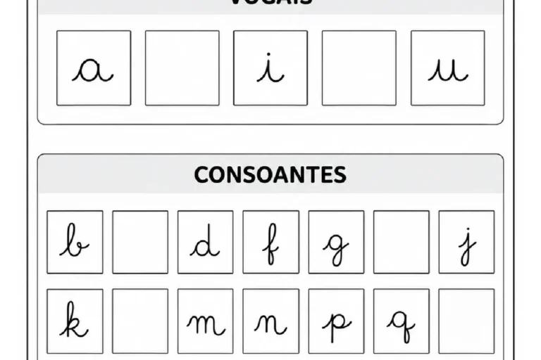 Alfabeto cursivo minúsculo com lacunas nas sequências de vogais e consoantes para completar.