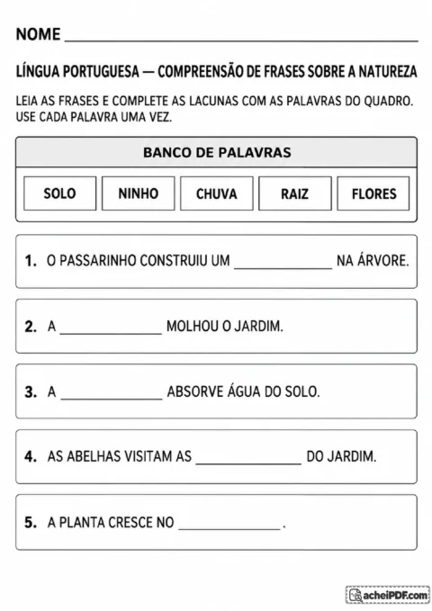 Exercício de Língua Portuguesa com banco de palavras para completar frases sobre a natureza
