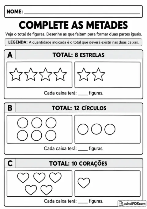 Caixas com estrelas, círculos e corações para completar as metades com desenhos