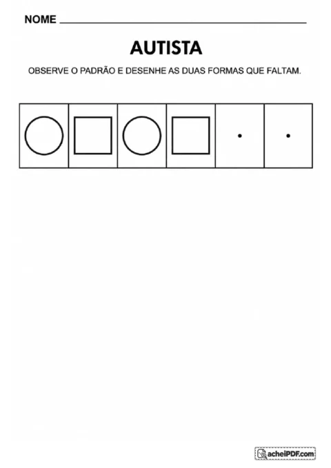 Sequência visual de círculos e quadrados alternados com dois espaços para completar as formas ausentes.