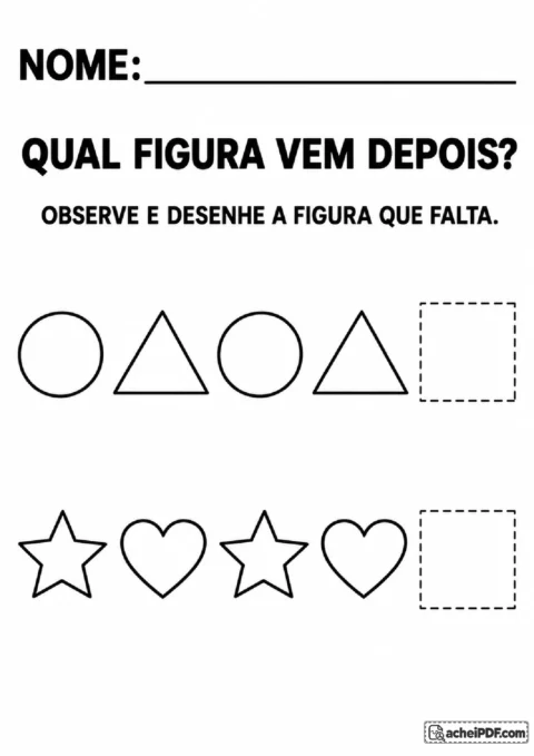 Sequências alternadas de círculo e triângulo, estrela e coração com espaços vazios para desenhar