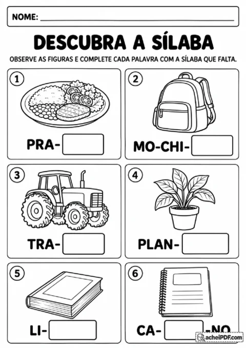 Atividade de completar sílabas em palavras ilustradas como prato, mochila, trator, planta, livro e caderno.