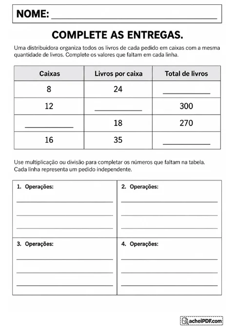 Tabela de caixas e livros com valores ausentes para completar usando multiplicação e divisão