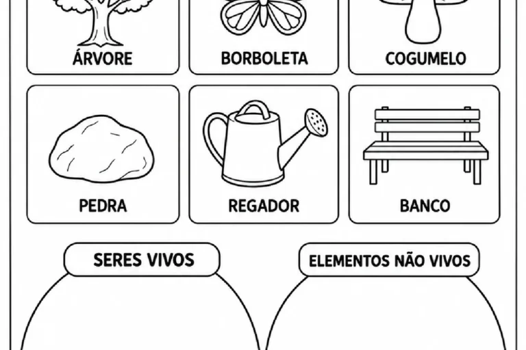 Atividade com árvore, borboleta, cogumelo, pedra, regador e banco para formar conjuntos de seres vivos e não vivos