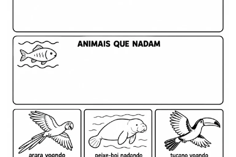 Cartões de arara, peixe-boi, tucano, boto, gavião e pirarucu para desenhar em conjuntos de animais que voam ou nadam