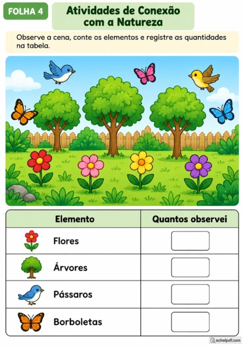 Cena de jardim com flores, árvores, pássaros e borboletas para contar e registrar