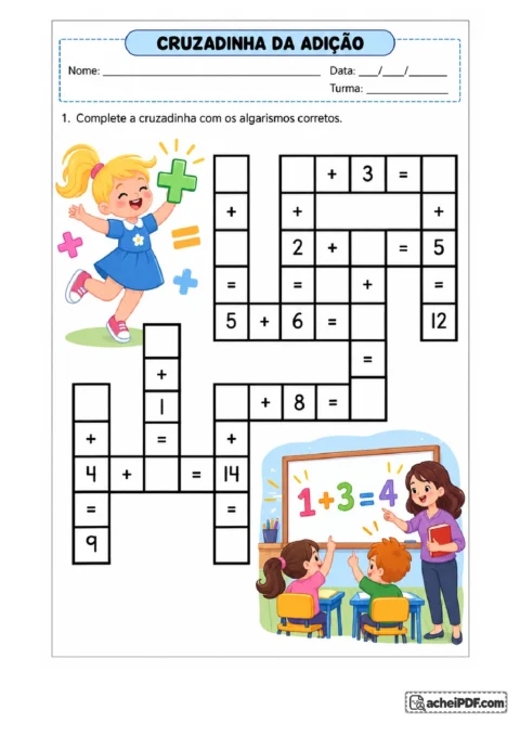 Imagem 3 da postagem: Completar uma cruzadinha matemática preenchendo os quadrados vazios com algarismos ou, para o 2º ano.