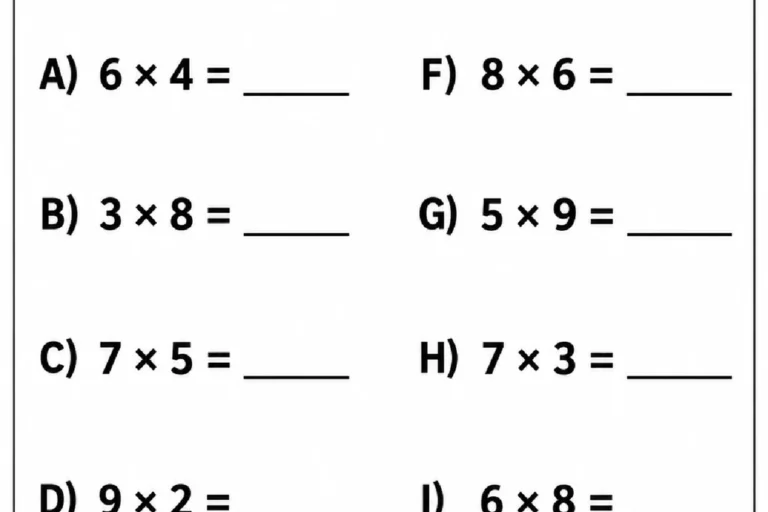 Folha de continhas de multiplicação com dez cálculos e espaços para escrever os produtos