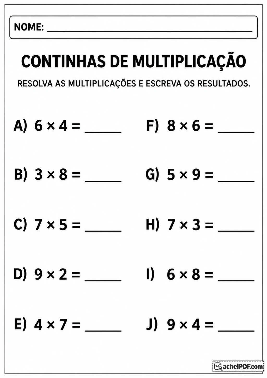 Multiplicação e Divisão em PDF com Contas para Imprimir