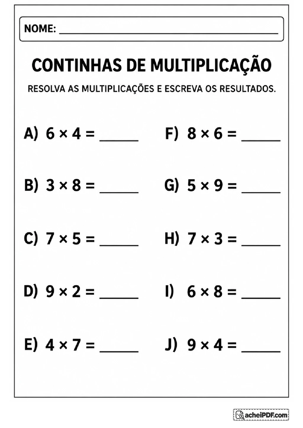 Multiplicação e Divisão em PDF com Contas para Imprimir