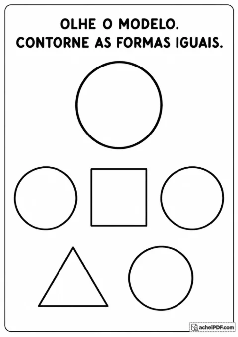 Modelo de círculo e cinco figuras para identificar e contornar apenas os círculos iguais