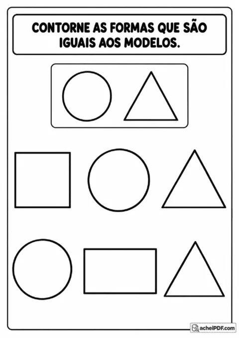 Modelos de círculo e triângulo com seis figuras para selecionar e contornar as correspondentes