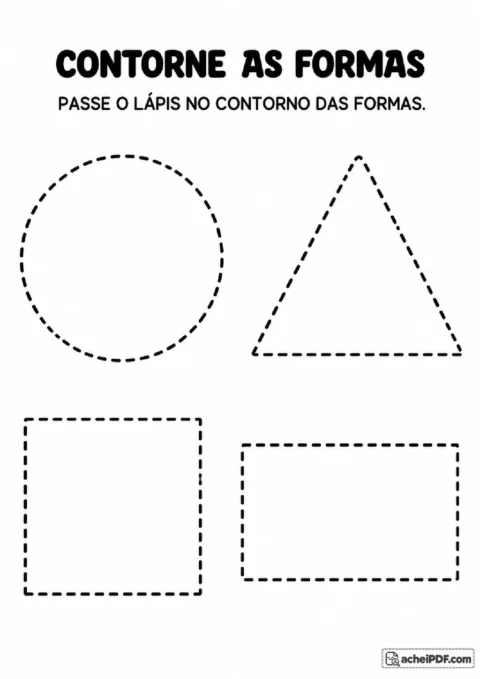 Grade com círculo, triângulo, quadrado e retângulo pontilhados para praticar curvas e cantos